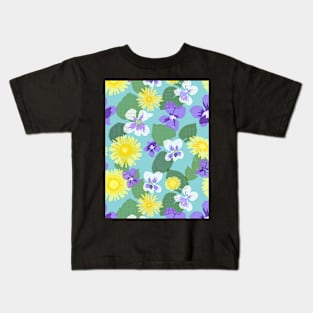 Cross-stitch Dandelions and Violets on Soft Blue Vertical Kids T-Shirt